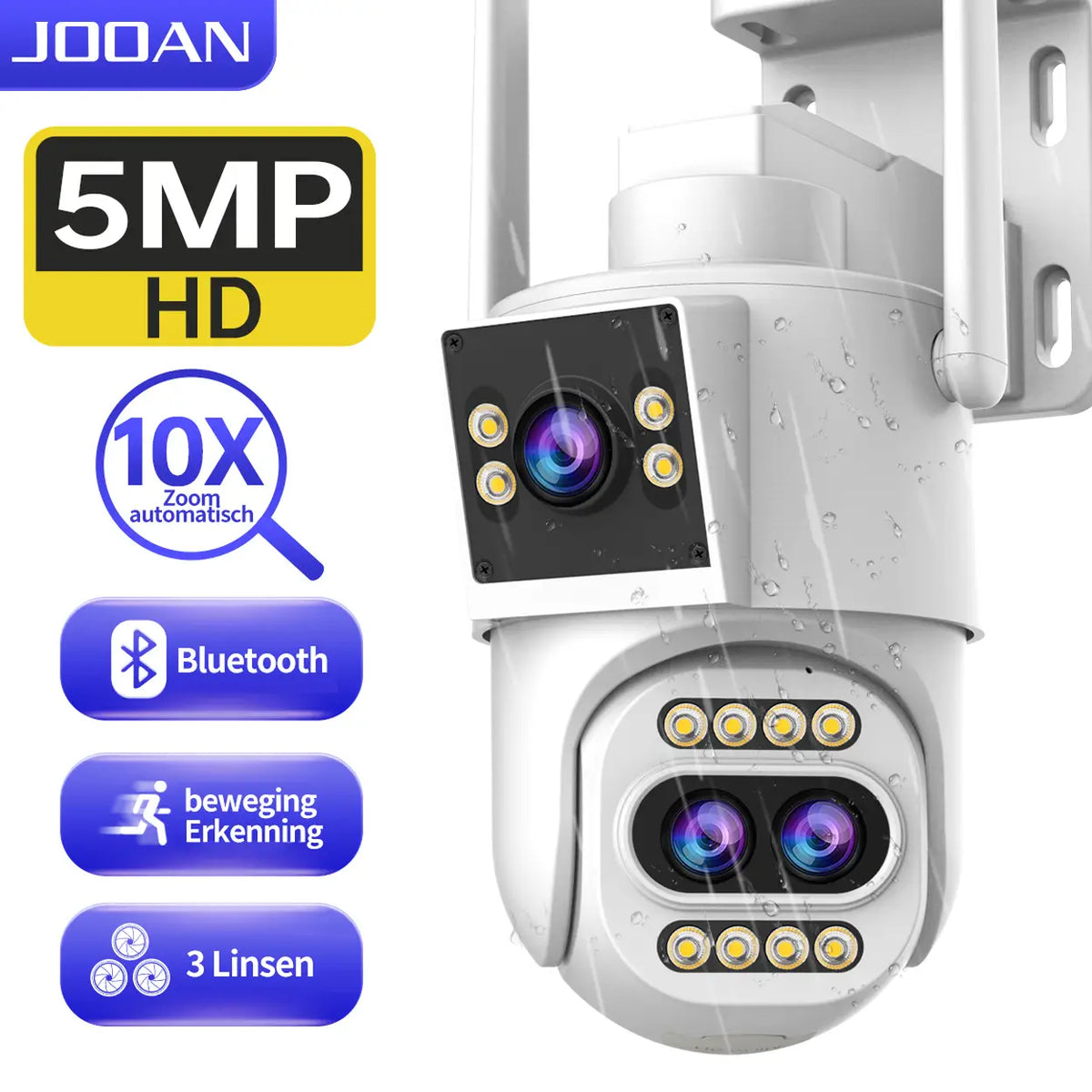 Jooan Beveiligingscamera Buiten 2K Drievoudige Lens - 10X Zoom - PTZired IP66 Waterproof Motion Alert,8-256G Card/Cloud Storage,Siren Alarm