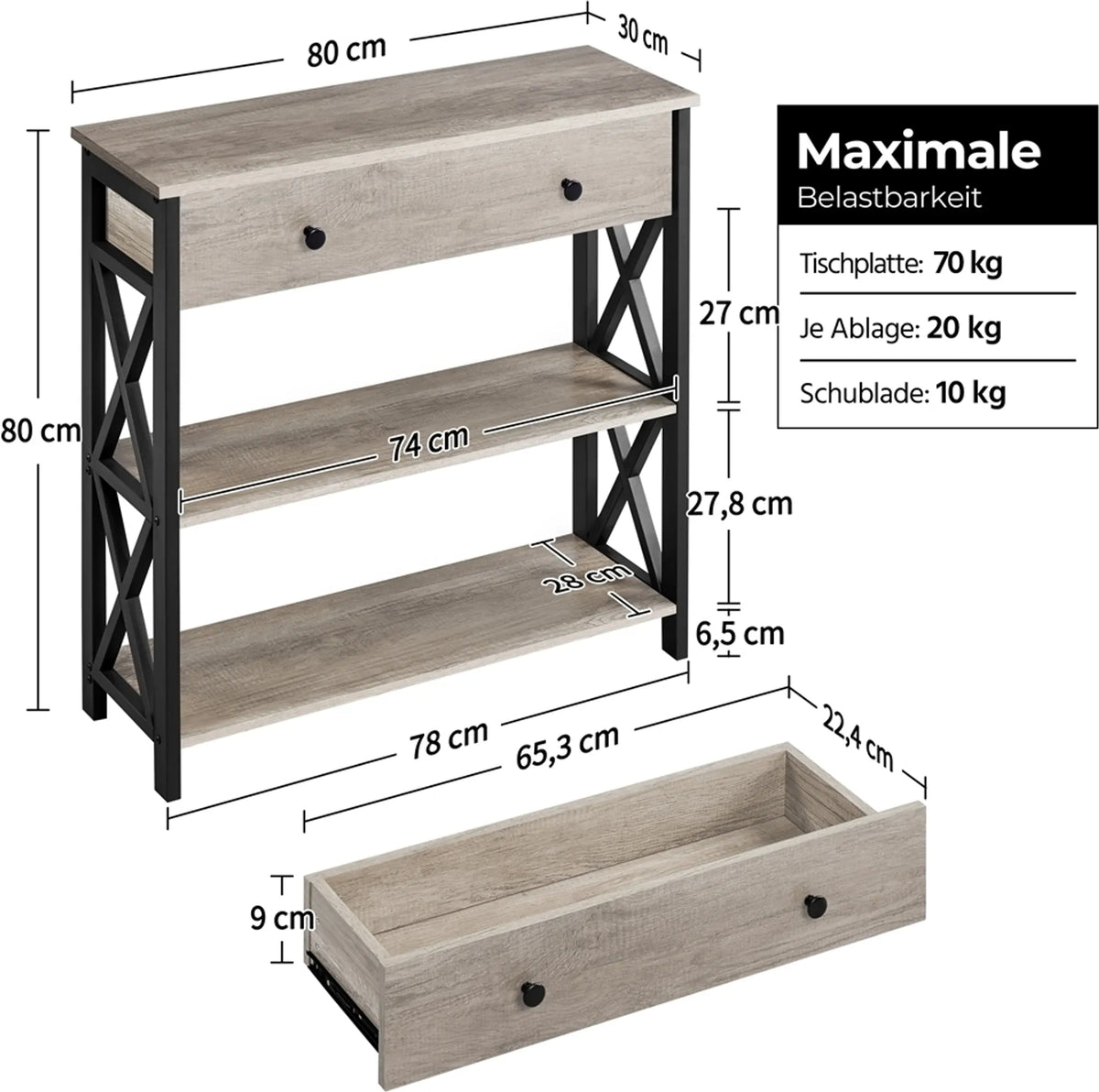 Yaheetech Wandtafel 80x29,5 cm met Schuiflade en 2 Legplanken – Grijs – MDF en Metaal
