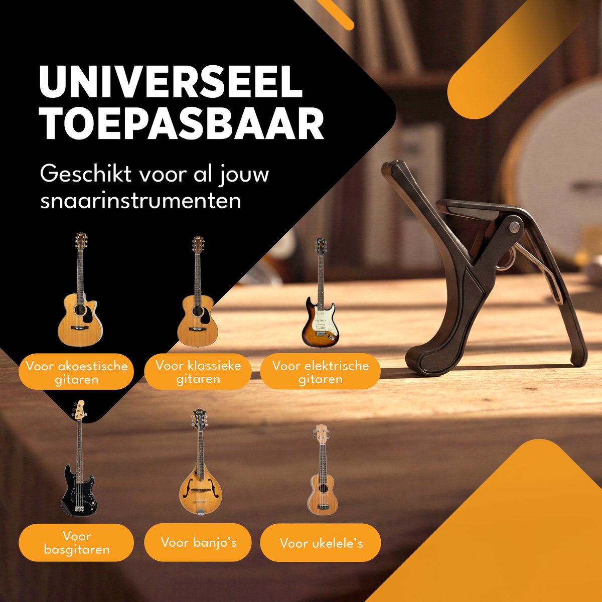 Finesse Universele Capo met Plectrums - Zwart