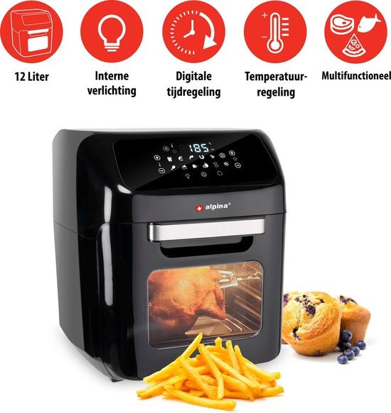 alpina Airfryer Oven 12L - Heteluchtfriteuse 1800W - Heteluchtoven met Bak en Grillfunctie