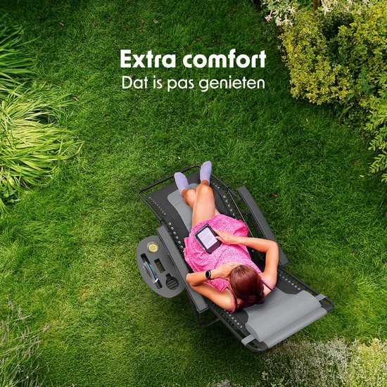 LifeGoods Ligstoel Comfort - Opvouwbaar - 30°-90° Verstelbaar - Beker en Telefoonhouder - Tuinstoel - Zwart/Grijs