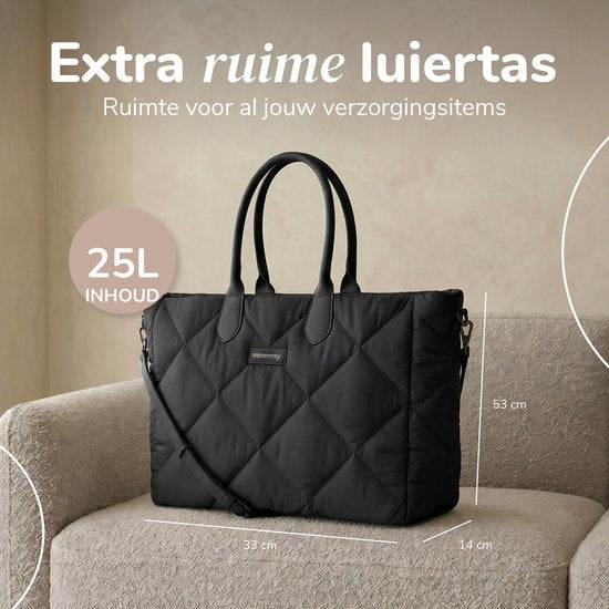 Mommsy Luiertas – Verzorgingstas – Mom Bag – Thermo Vak – Gewatteerde Puffer Stof – Mommy Bag – Extra Ruim – Waterafstotend – Organizer – Lichtgewicht – Zwart