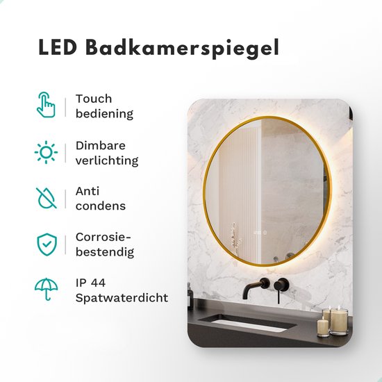 Mirlux Badkamerspiegel met LED Verlichting & Verwarming – Rond – Anti Condens Douchespiegel - Goud Frame - 80CM