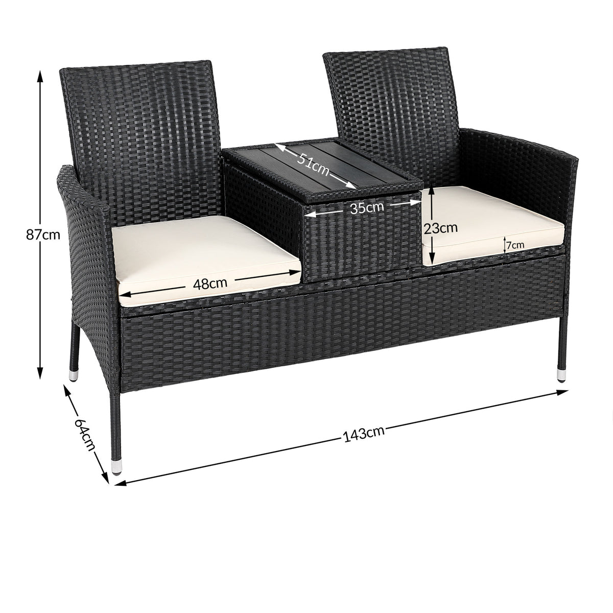 Casaria Tuinbank Polyrattan – 2 Zitter Incl. Tafel & Kussens – Zwart