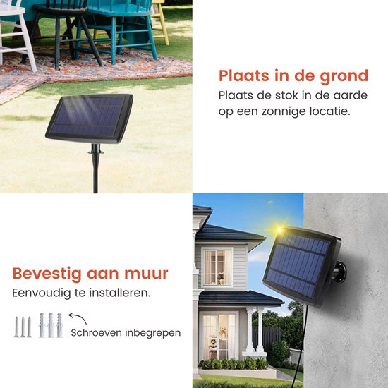 Partizzle 15m Waterdicht Lichtsnoer op Zonne Energie - Dimbaar - LED Solar Tuinverlichting - Camping Lampjes Slinger - Zonneenergie Lichtslinger voor Buiten - 2700K / Warm Wit