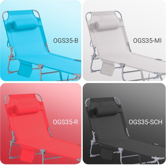 SoBuy Opvouwbare Ligstoel, Verstelbare Tuinligstoel met Hoofdsteun en Opbergzak, Ergonomische Relaxstoel voor Buiten,Tuin, Balkon en Terras, Zwart, OGS35-SCH