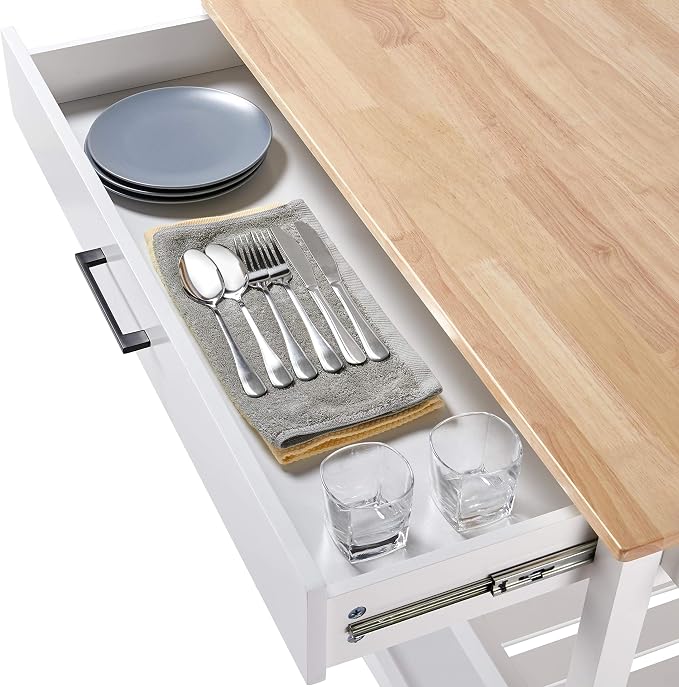 Yaheetech Keukenwagen 101,5 x 51 x 92,5 cm - 2 Niveaus - Lade - 4 Wielen - Wit/Naturel