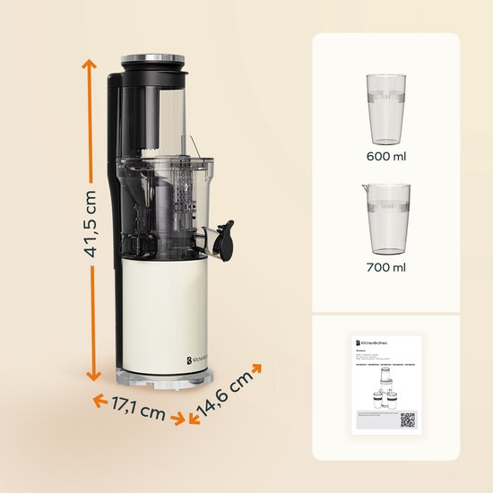 KitchenBrothers Slowjuicer - Verticaal - Juicer - Groenten en Fruitpers - 80 mm - 750 ml - Champagne
