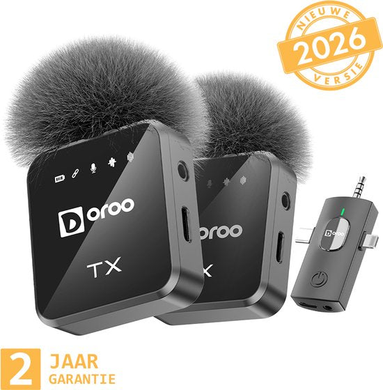 Doroo® Professioneel Draadloze Microfoon - 2 Stuks - Lavalier - Windschermen - Extra Lange Batterij - Dasspeld - Professioneel audiogeluid - USB-C/Lightning/AUX-draadloze microfoon iphone-Android - Plug & Play - twee jaar garantie