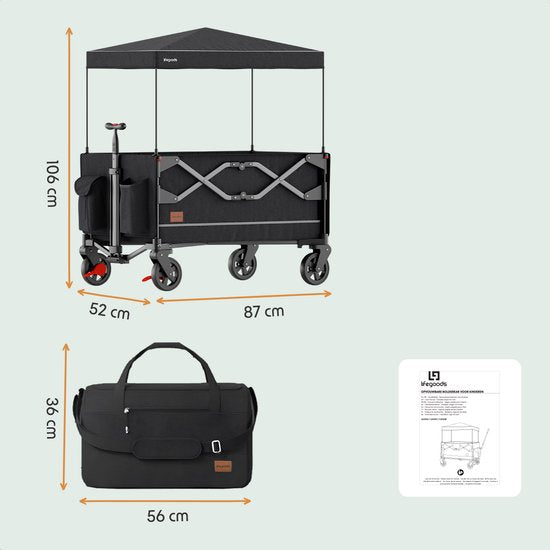 LifeGoods Bolderkar - Opvouwbaar - Kinderenvervoer - Met Dak - 80KG Draagkracht - Strandkar - Draaibare Wielen - Antraciet