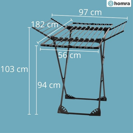 Homra Wasrek Inklapbaar - Tot 22m Was - Staand Droogrek Inklapbaar - Ruimtebesparend Wasrek - Droogrekken - Ecologisch Was Drogen - 182x97x103 CM - Metaal Zwart - Geschikt voor Grote Gezinnen