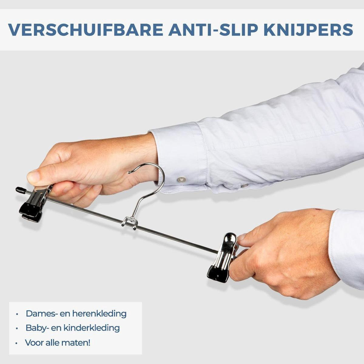 LifeGoods Broekhangers met Verstelbare Antislip Knijpers - Stevige Kleding Hanger met Klemmen - Kleerhanger voor Dames/Heren/Kind/Baby - Broek en Rok Houder - Metaal