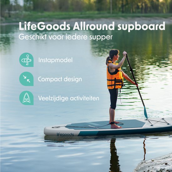LifeGoods SUP Board Allround Compact - 100 KG Draagkracht - 300 x 76 cm - Opblaasbaar - Compleet SUP pakket - Wit/Deep Aqua