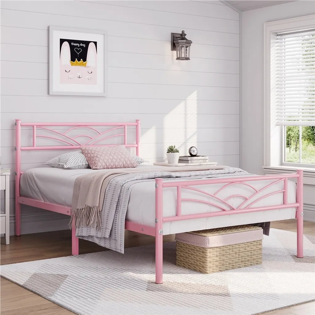 Yaheetech Metalen Bedframe 90 x 190 cm - Lichtroze - Eenpersoonsbed met Wolkenpatroon Hoofdbord