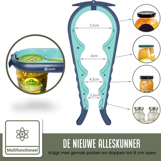 COOCK - Allesopener - Multifunctionele Opener - 7-in-1 Potopener - Keuken Hulp - Flesopener - Bieropener - XL Dekselopener voor potten - Pottenopener - Hulpmiddelen voor Ouderen - Blauw