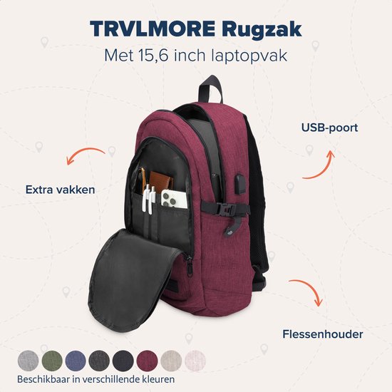 TRVLMORE Rugzak met Levenslange - Rugtas met 15,6 Inch Laptopvak - Schooltas - Spatwaterdicht - Heren en Dames - Jongens en Meisjes - 25L - Burgundy