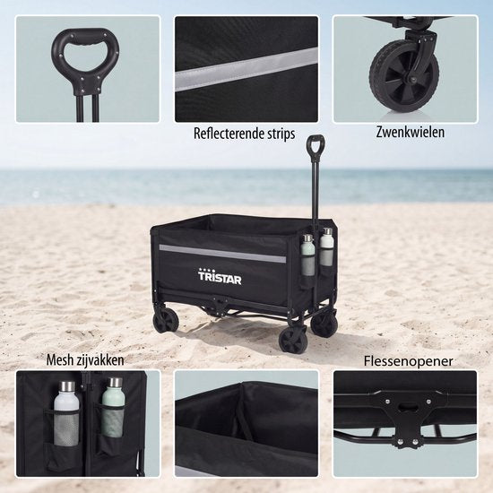 Tristar Bolderkar Opvouwbaar – 120 L – 100 kg Draagvermogen – Staal – Zwenkwielen – Inklapbare Bolderwagen Met Laadklep - Incl. Waterdichte Hoes - Compact - Festival - HC‑0917