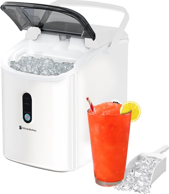 KitchenBrothers Nugget IJsblokjesmachine - 1.1L - Crushed Ice Maker met IJsschep – Draagbaar - 15kg/24 uur - Wit