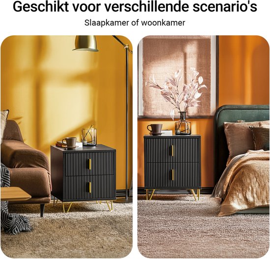 SoBuy Bijzetkastje - Nachtkastje met 2 uitschuifbare lades - Max. 25KG - 30 x 40 x 47 cm - Zwart/Goud