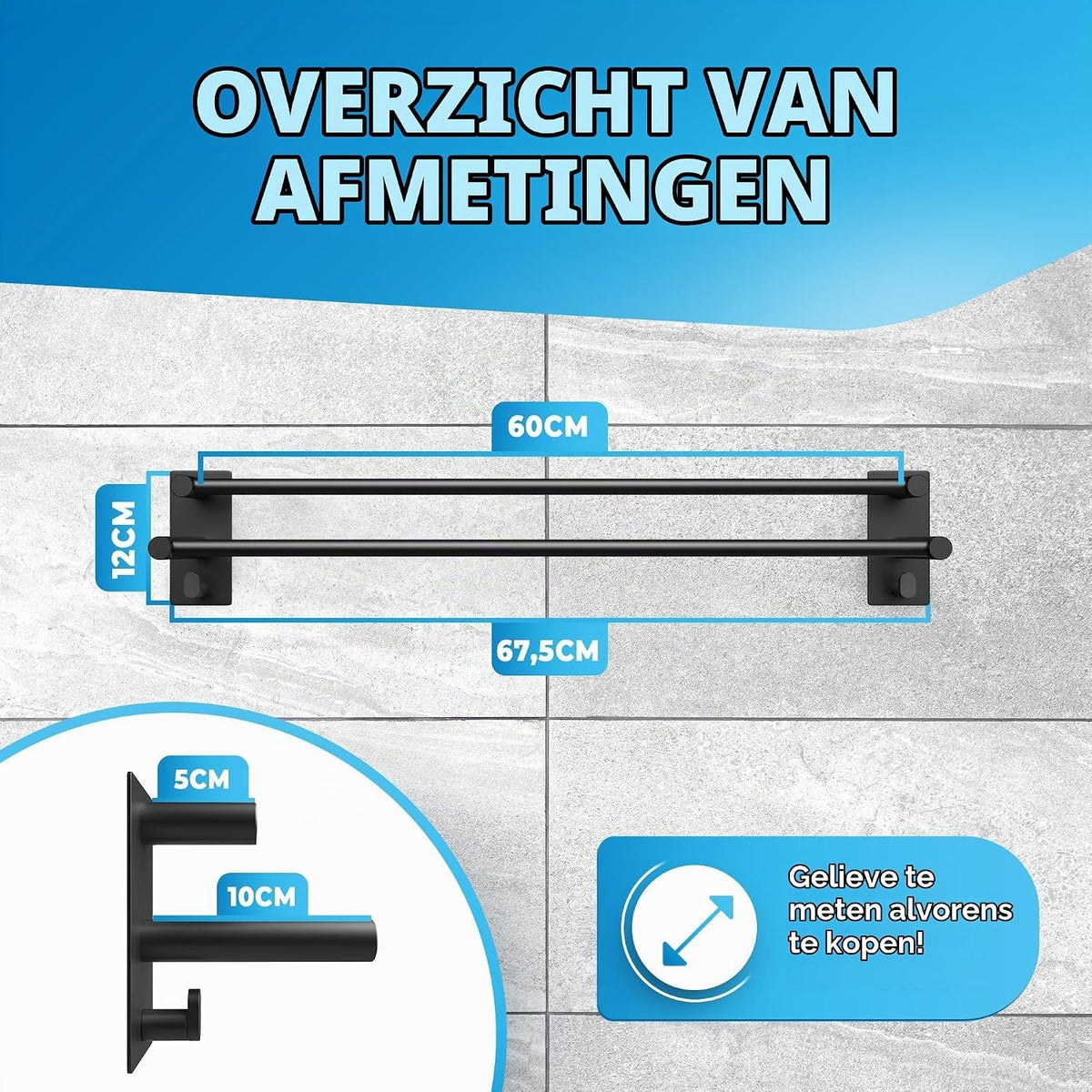 LOBUX Dubbele Handdoekhouder - Zonder Boren - 60 cm - Zwart