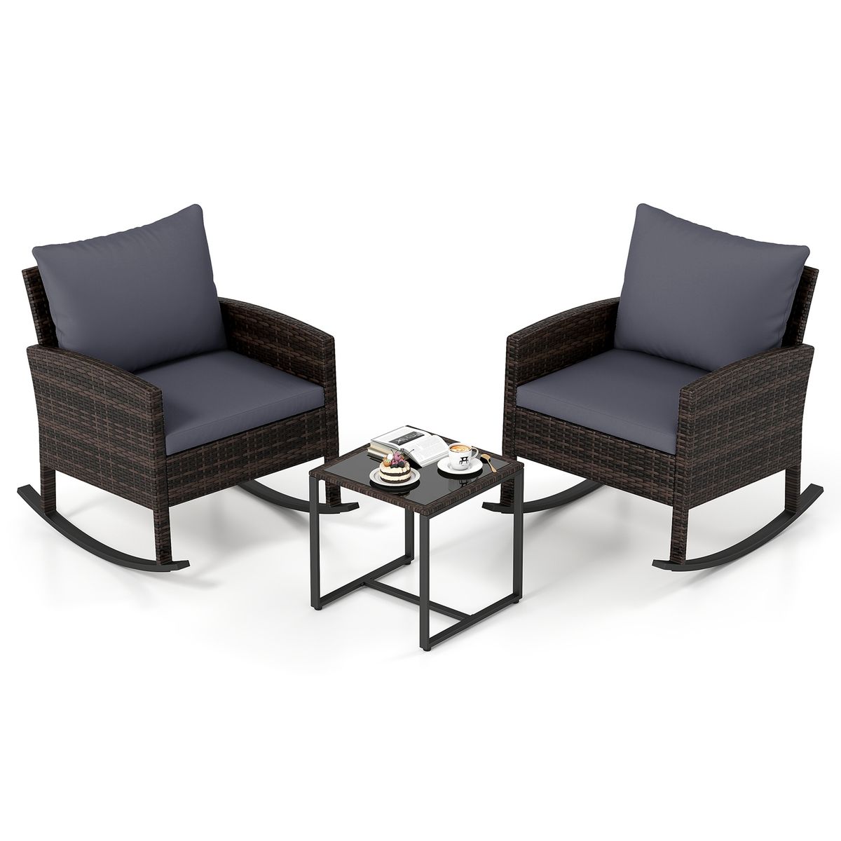 Coast 3-delige tuinset - 2 schommelstoelen en bijzettafel - handgevlochten rattan - grijs