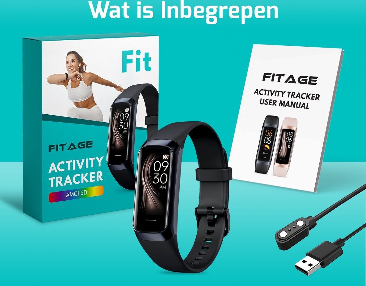 FITAGE Activity Tracker – Stappenteller - 336 Uur Batterijduur - 20-40 cm Polsomtrek – 10,1 x 8,7 x 2,4 cm – Zwart