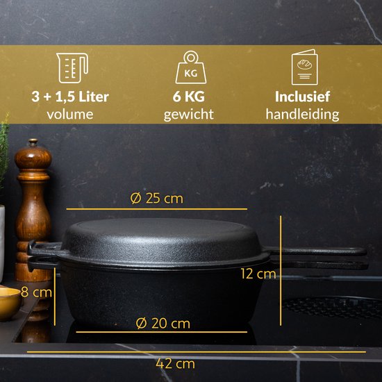 Chefarone Gietijzeren Pan – 2-in-1 Braadpan – Inclusief Deksel – Geschikt Voor Alle Warmtebronnen