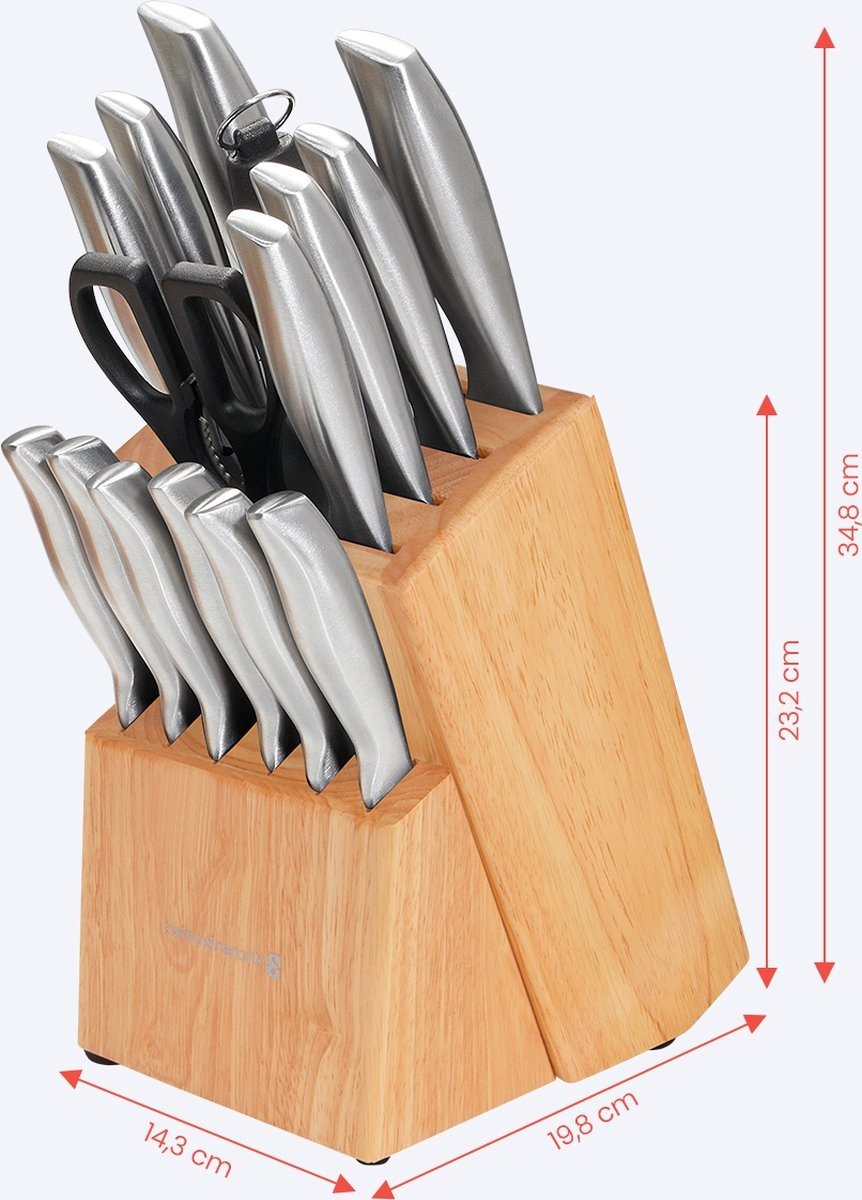 KitchenBrothers Messenset - Messenblok - 16-Delig - met Schaar en Aanzetstaal - Rubberwood