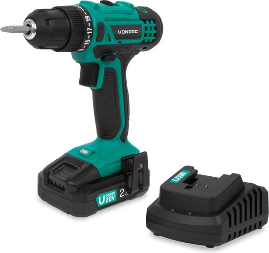 VONROC Accuboormachine 20V – 19 schroefstanden + boorstand - Incl. 2 bits - Incl. 2.0Ah Accu en snellader