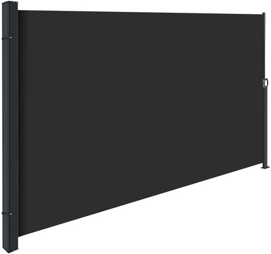 tectake® Uitschuifbaar Windscherm met Oprolmechanisme - 300 x 160 cm - Zijluifel met Aluminium Frame- Zonnescherm - Tuinscherm - Zwart Balkonscherm - Ondoorzichtbaar Privacyscherm - Markiesdoek