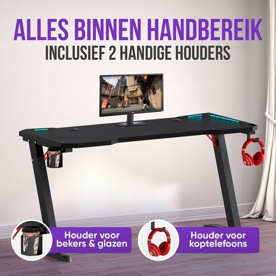 Avalo Gaming Bureau - 140x60x73 CM - LED Verlichting - Zwart