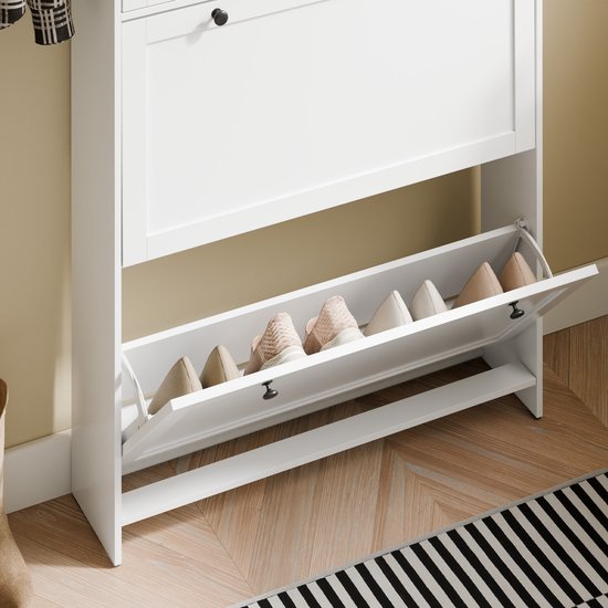 SoBuy – Schoenenkast Met 1 Lade – 80 x 19 x 107 cm & Met 2 Kanteldeuren – Voorzien Van Anti-tip Systeem En Silicone Voetjes – Voor Smalle Gangen En Entrees – Wit Mdf