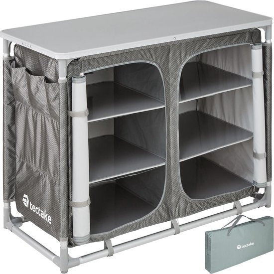 tectake® - Campingkast 97x47,5x78cm - Opvouwbaar - Afsluitbare compartimenten - Stevige werkbladen - Handige insteekzakken aan zijkant - grijs