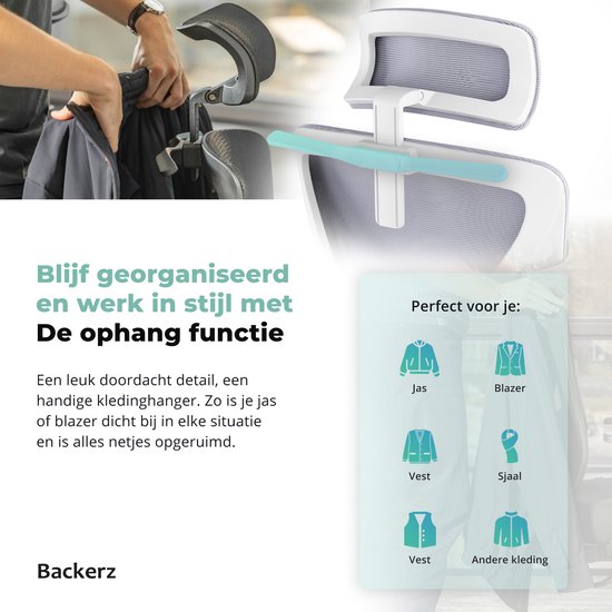 Backerz – Ergonomische Bureaustoel – 44-56 cm Zithoogte & EN1335 Gecertificeerd – Voorzien Van 3D Armleuningen En Verstelbare Lendensteun – Voor Kantoor En Gaming – Wit/Grijs Polypropeen En Mesh