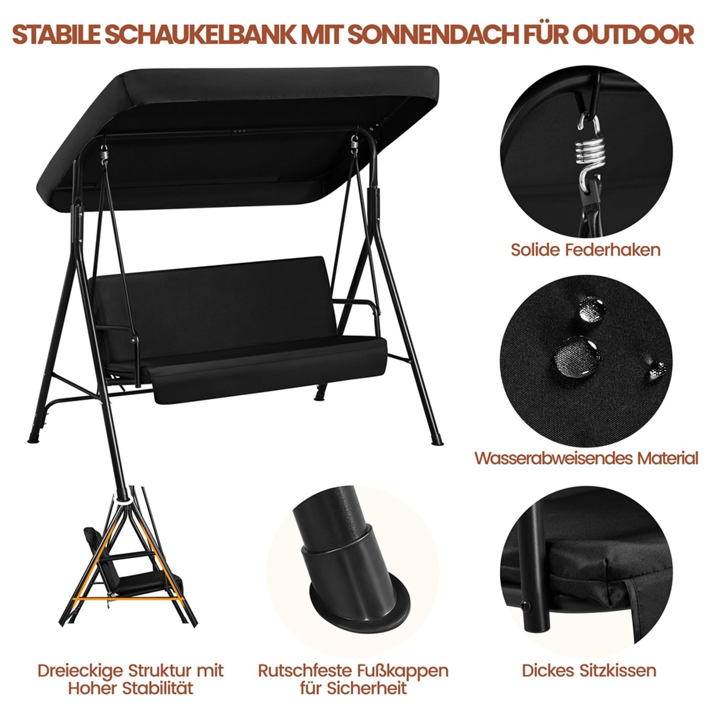 Yaheetech 3-zits Hollywoodschommel met Verstelbaar Zonnescherm - 170 x 112,5 x 162,5 cm - Zwart