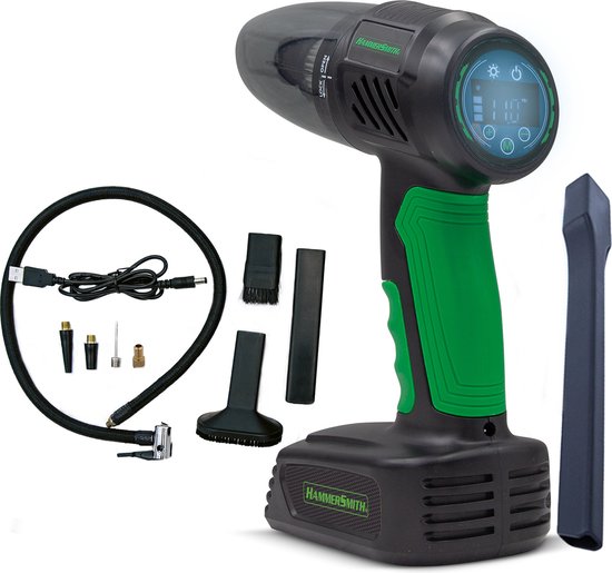 Hammersmith AirStorm - Snoerloze handstofzuiger & luchtcompressor met SOS-lampje & uitgebreide accessoireset - Autobanden oppompen - Bandenspanning controleren - Auto stofzuiger & pomp - Mail Order Edition