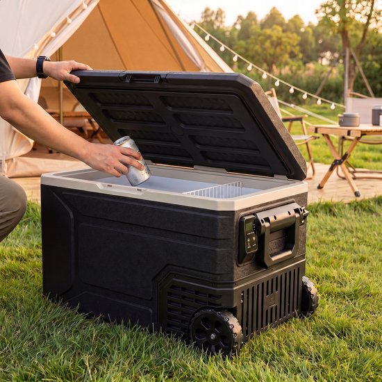 Auronic Elektrische Koelbox - Compressor - 64L - 12V en 240 volt - Camping Koelkast - Frigobox Auto - Met Wielen en Hendel - Zwart
