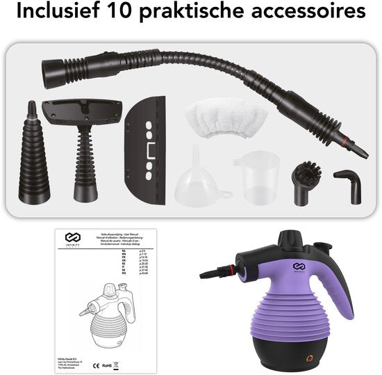 Infinity Goods Stoomreiniger - 12-in-1 Handstoomreiniger - Handstomer - Vlekkenreiniger - Tapijtreiniger - 10 Opzetstukken - 1050 Watt - 3.2 Bar - Paars