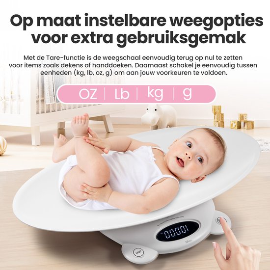 Babyweegschaal - met Weegplateau - Digitale Weegschaal - met Tarra Functie en App - 50g tot 200KG - Wit - van Faas