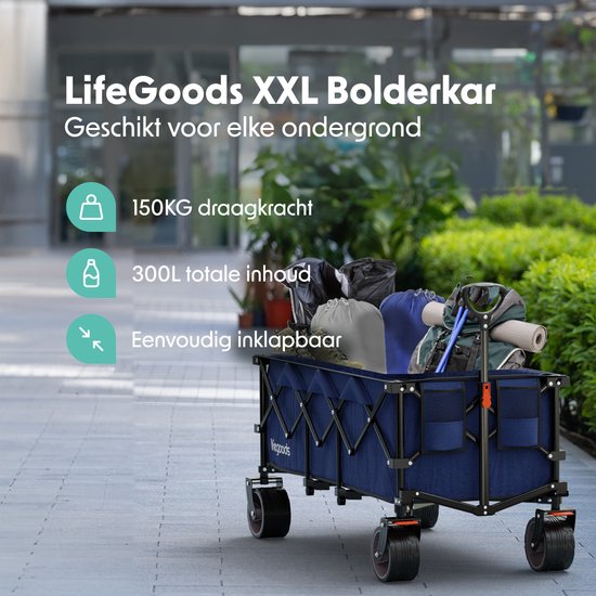 LifeGoods Bolderkar - XXL - Opvouwbaar - 300L - 150KG Draagkracht - Blauw
