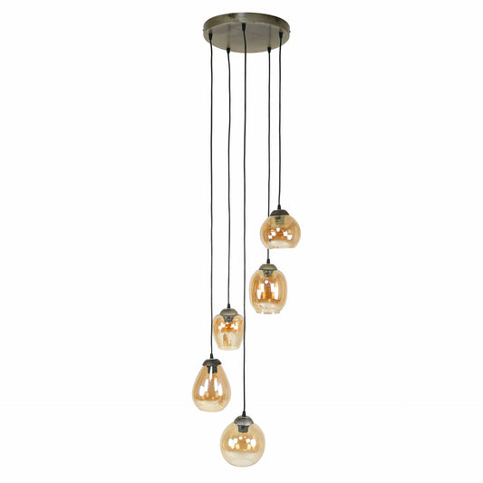 Bemade Furniture Hanglamp 5L getrapt mix / Amberkleurig glas