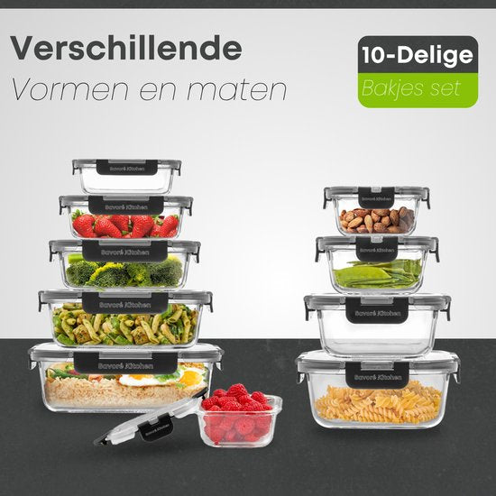 Savoré Kitchen Vershoudbakjes Set - Meal Prep Bakjes - Diepvriesbakjes Glas - Luchtdicht - 10 Stuks