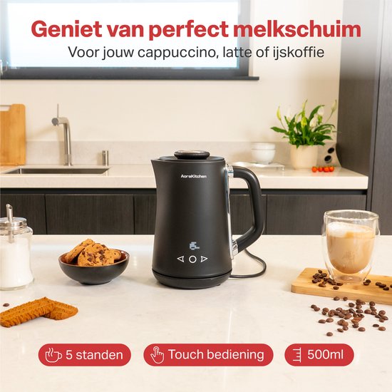 AoraKitchen Melkopschuimer – 5-in-1 Functies – 500 ml – Zwart