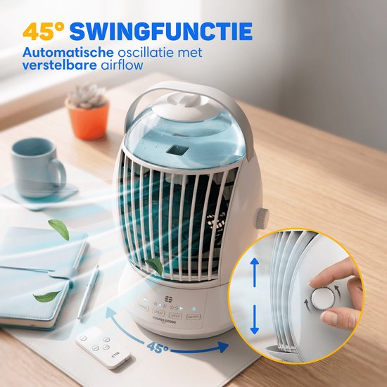 Vulpes Goods® Tech - Mini Airco ELITE - Mobiele Luchtkoeler met Afstandsbediening - Aircooler 6in1 - 3 luchtbevochtigingsstanden met Swingfunctie - 3 windsnelheden - 100% Anti-lek - Incl. kabel & adapter meegeleverd - Thuis & Kantoor