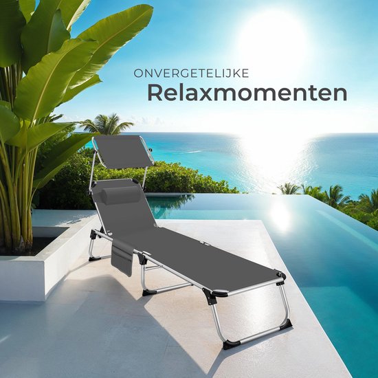 tectake® Ligbed Aurelie met zonneluifel en hoofdkussen - Ligstoel - Zonnebed - Opklapbare balkonligstoel van aluminium - Weerbestendige tuinligstoel voor tuin, balkon, camping en strand - Verstelbare rugleuning met kussen - Antraciet