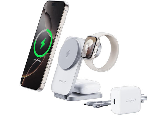 AMEGAT 3-in-1 MagFusion Z Laadstation - Qi2 - 15 W - MagSafe - Opvouwbaar - Inclusief 30 W Adapter
