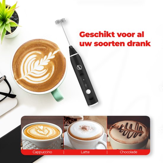 Kitchenwell Elektrische Melkopschuimer - Melkopschuimer handmatig - Melkopklopper - 3 snelheden - Zwart