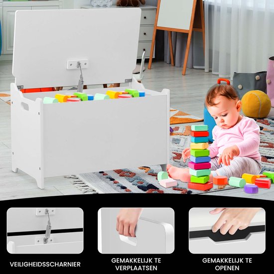 Oemmie Speelgoedkist - Opbergbox - Opbergkist - Opbergbak - Opbergkist kinderen - 60x40x37cm - Veiligheidsscharnieren - Wit