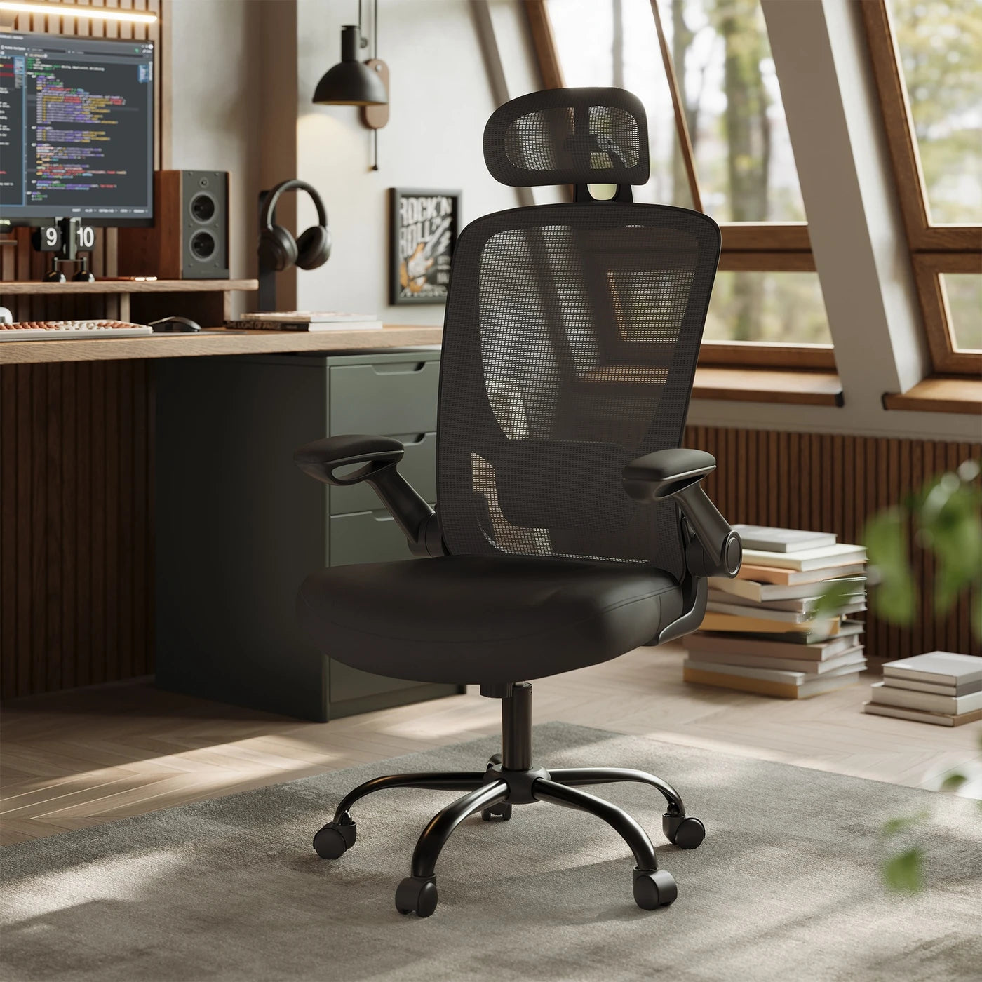 Joyfurnos Ergonomische Bureaustoel Mesh - Verstelbare Lendensteun en Hoofdsteun - Kantelfunctie - 64 x 64 x 115-130 cm - Inktzwart