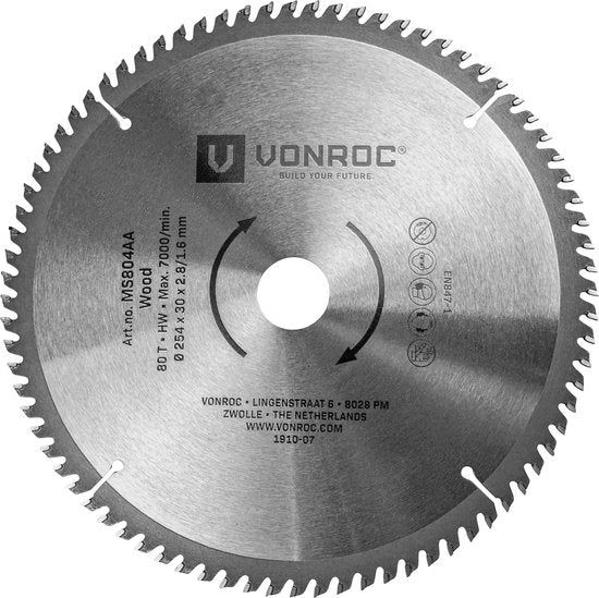 VONROC Zaagblad – Ø254MM – 80 tanden – voor hout – geschikt voor afkortzagen & tafelzagen